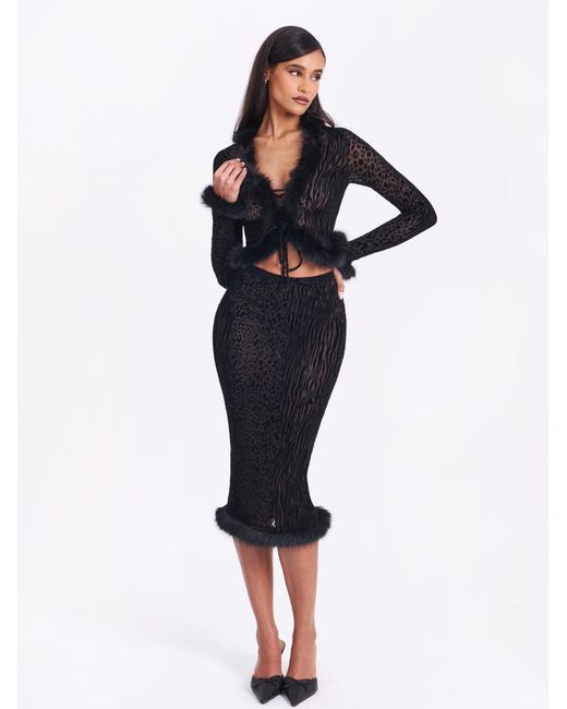 Miss Circle New York Black Halia Animal Print Burnout Velvet Fur Trim Skirt