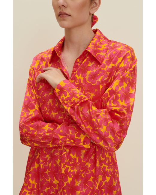 JAAF Red Oversized Silk Shirt In Hibiscus Print