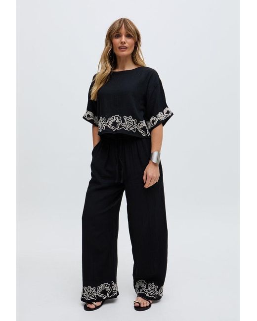Raffya Black Milly Wide Leg Embroidered Trouser