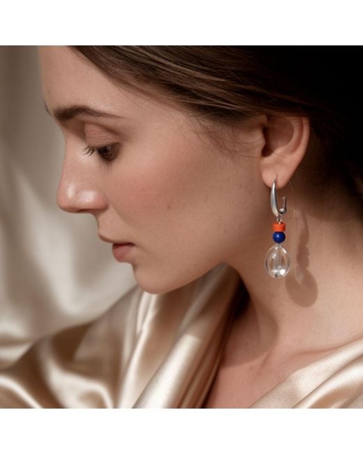 Way to Chic White Neutrals Glass Water Drop Earrings With Lapis Lazuli