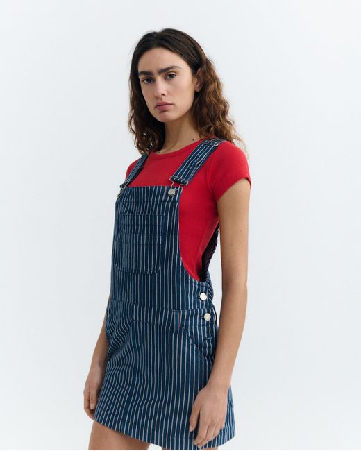 Thinking Mu Blue Short Dress Pichi Stripes Natural Dye Railway Rafaela