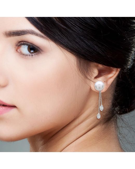 Artisan White Pearl Drop Chain Earrings With Diamond Accents