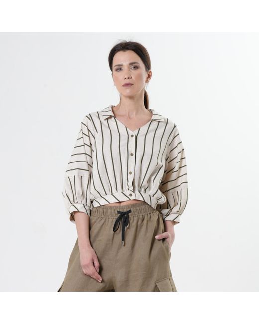 Metamorph White Oversize Linen Short Top On Khaki Stripes