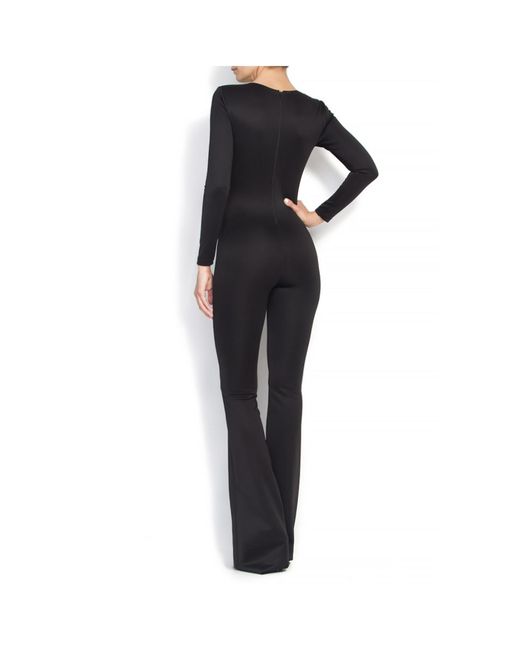 LIA ARAM Black Flared Fitted Dive Fabric Jumpsuit