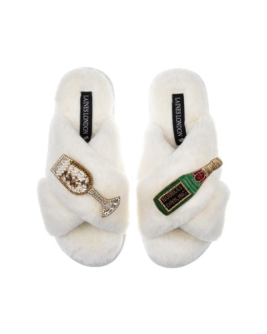 Laines London White Classic Laines Slippers With Bubbles Darling Brooches