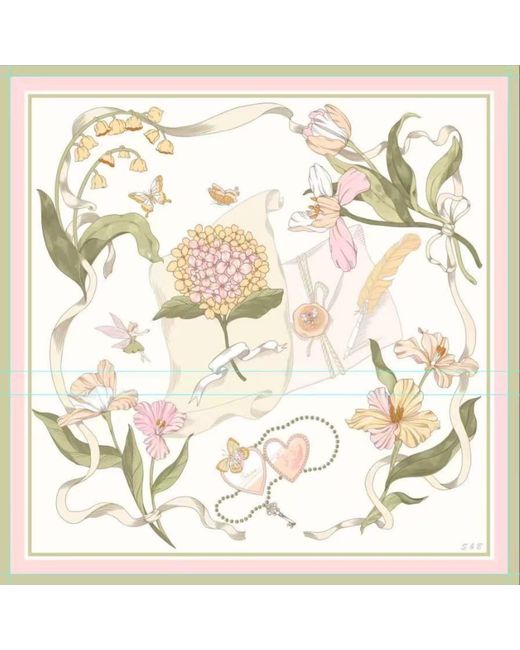 Silk and Bears Metallic Neutrals Illustrated Floral Twill Silk Scarf With Hand-Rolled Edges – Ivory for men