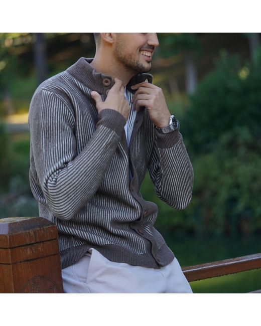 Nuvv Collection Brown Striped Milano-Stitch Cardigan – Premium Italian Wool Blend for men