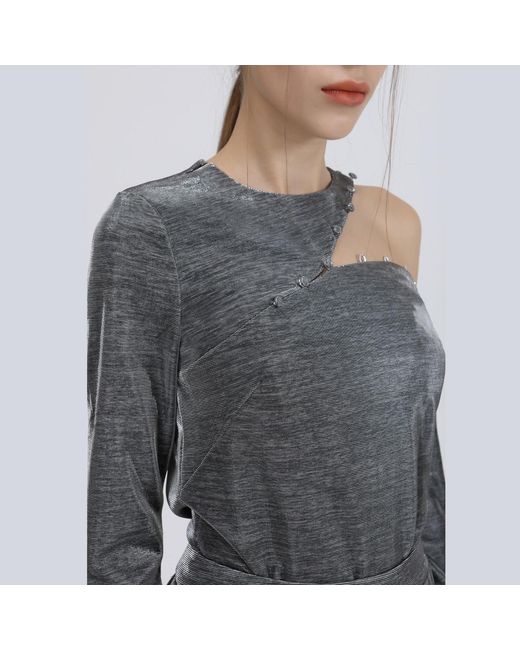 Smart and Joy Gray Asymmetric One Off-Shoulder Shiny Top