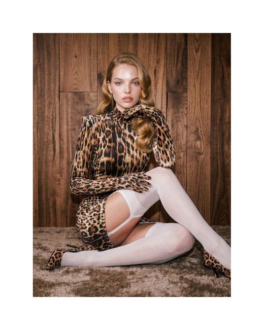 Monosuit Brown Viscose Animal Long Sleeve Turtleneck Bodycon Shoulder Pad Party Futuristic Mini Dress With Gloves