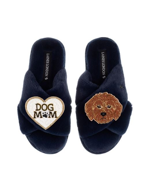 Laines London Blue Classic Laines Slippers With Dog Mum Mom & Apricot Cockapoo Brooches