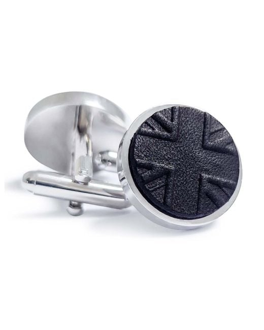 N'damus London Blue Coronation Regent Leather Rhodium Cufflinks for men
