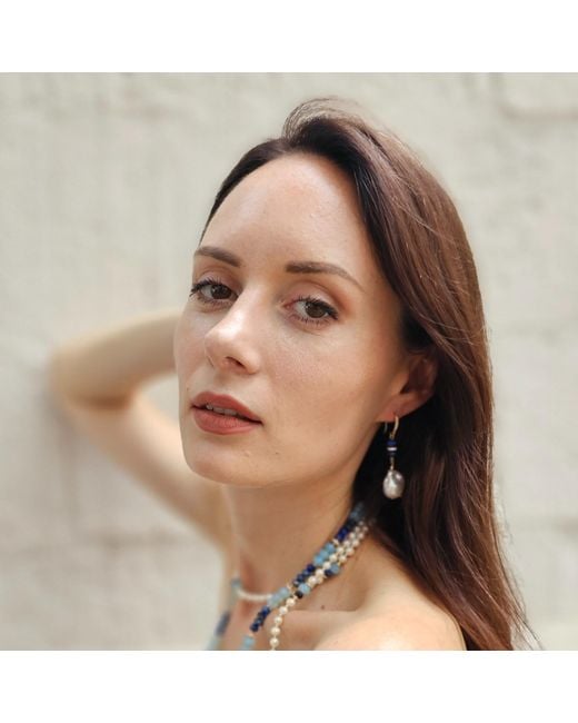 Farra White Elegance Baroque Pearls With Lapis Dangle Earrings