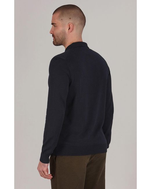 Paul James Knitwear Blue Lightweight Cotton Hall Long Sleeve Knitted Polo Shirt for men