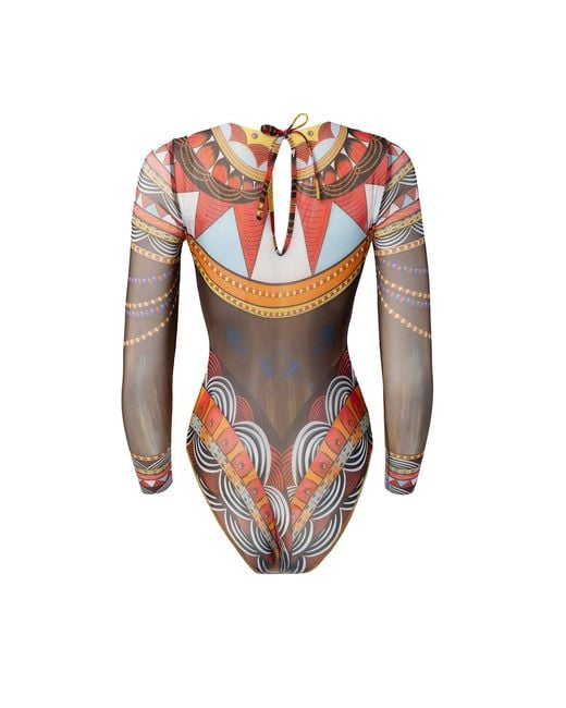Rodasoleil Smart Swimwear Brown Tan-Through Mesh One-Piece Swimsuit With Sleeves Africa