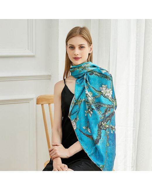 Soft Strokes Silk Blue Pure Silk Scarf Painting Almond Blossom Van Gogh Small