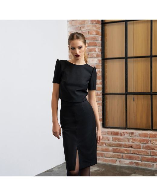 AVENUE No.29 Black Wool Midi Skirt With Front Slit