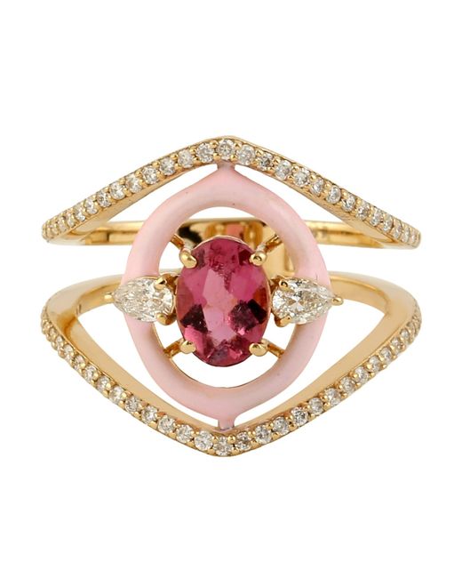 Artisan Metallic Oval Cut Pink Tourmaline & Pave Pear Cut Diamond In 18k Gold Enamel Designer Ring