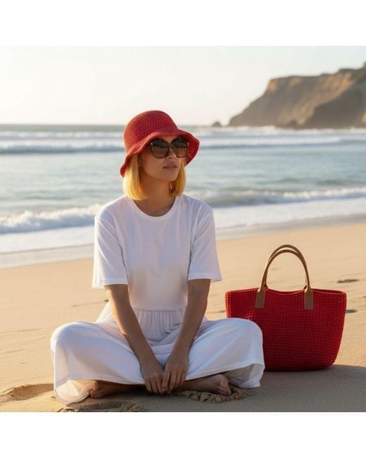 Springmoonatelier Red Luxury Handmade Raffia Crochet Bucket Hat – Premium Fire Butterfly