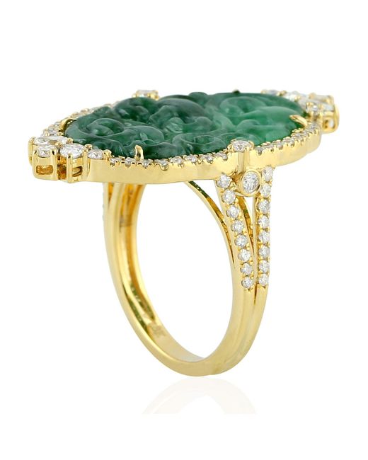 Artisan Green Oval Carved Jade & Diamond Ring