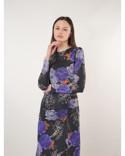 John Abgin Blue Floral Mesh Gathered Midi Dress