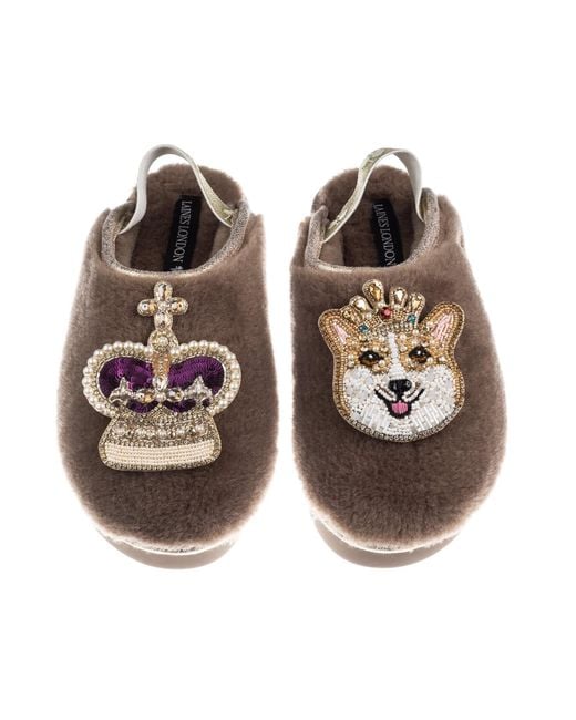 Laines London Brown Neutrals Flatform Cloud Closed Toe Slippers With Corgi & Crown Brooches