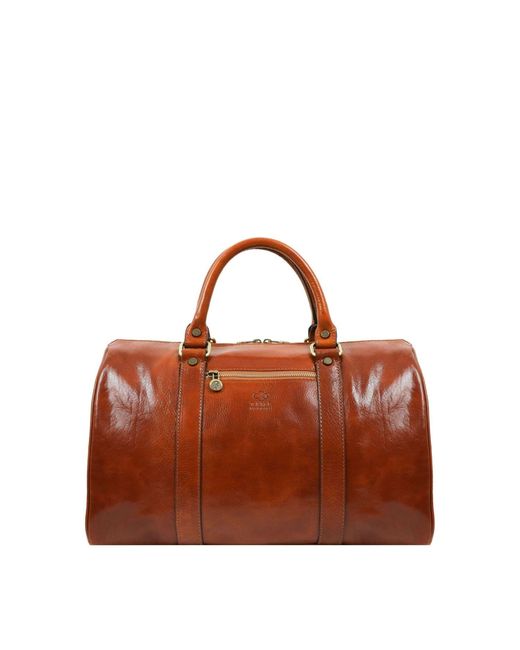 Time Resistance Brown Small Leather Overnight Bag, Duffel Bag