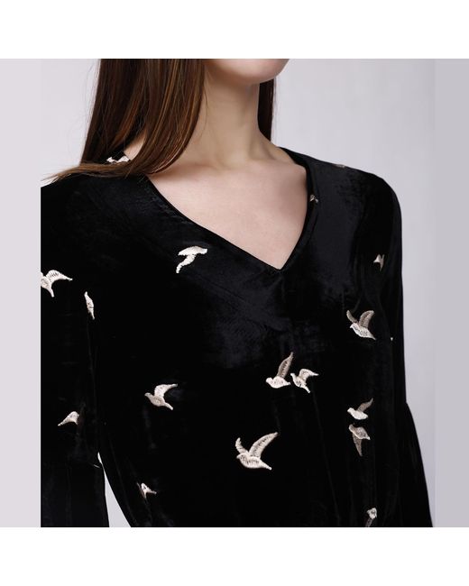 Smart and Joy Black Golden Embroidery Velvet V-Neck Dress