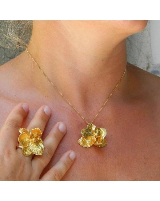 Mother Nature Jewelry Metallic Orchid Flower Necklace, Handmade Statement Pendant
