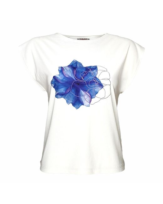 Lalipop Design Blue Laser-cut Floral Print And Embroidered T-shirt