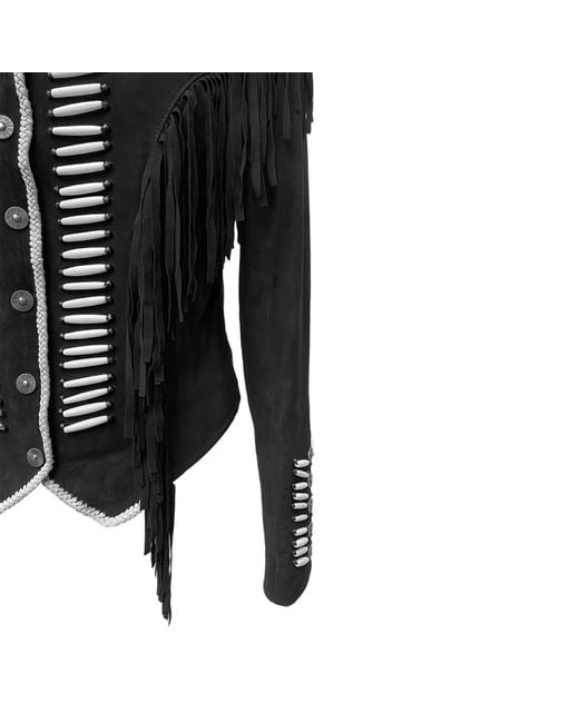 Zasta Studio Black Warrior Suede Leather Jacket With Beads & Fringes