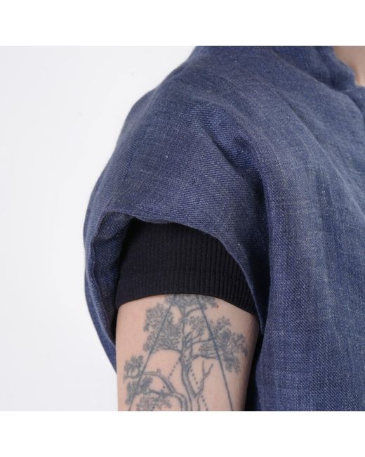 Metamorph Blue Linen Denim Tunic With Draped Collar