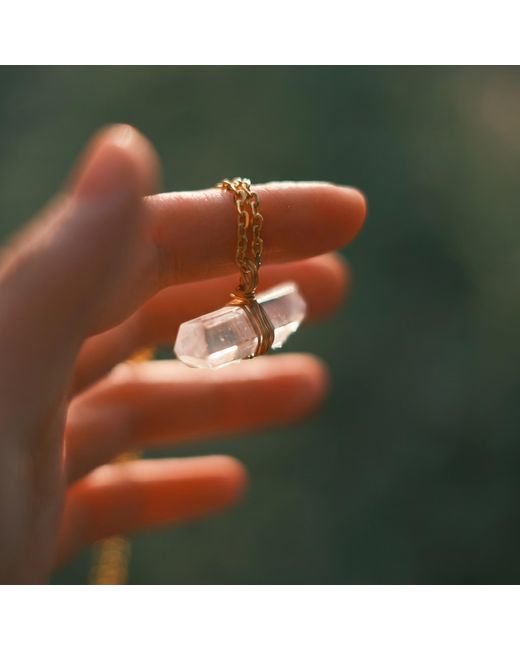 Ormiro Metallic Axis Mundi Clear Crystal Quartz Point Pendant Necklace