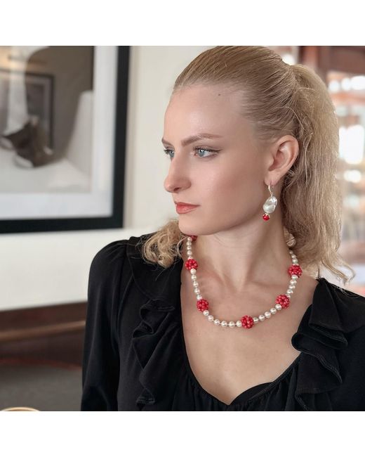 Farra Red Coral Flower Ball And Freshwater Pearls Statement Necklace