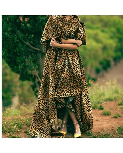 Miro Misljen Brown Leopard Print Dramatic Wrap Cape Coat