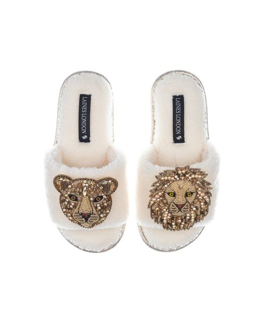 Laines London Metallic Teddy Towelling Slipper Sliders With Lion & Lioness Brooches