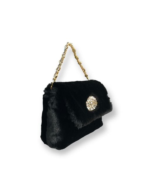 DAMAPREZIOSA Black Victoria Jeweled Handle Bag – Vegan Fur