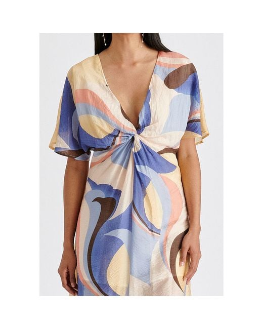 Paisie Blue Retro Wave Midi Dress With Twist Detail, Pastel, And