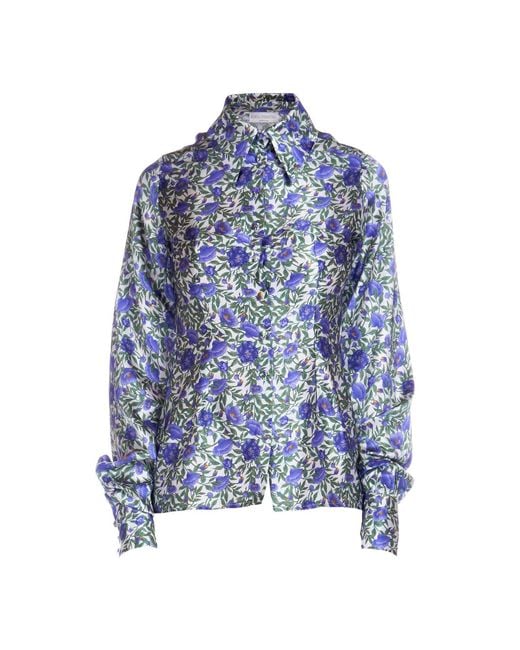Sofia Tsereteli Blue Silk Shirt In Purple Botanica Print