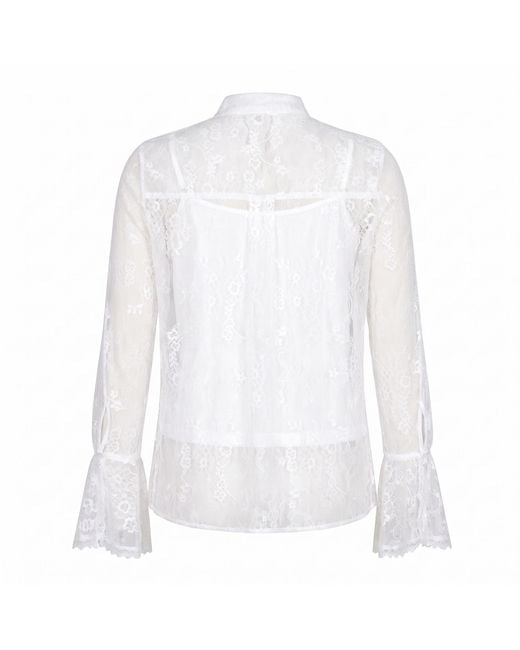 Modenaire White Sheer Lace Blouse With Bow Tie Neck Ruffle Front Detail With Cami