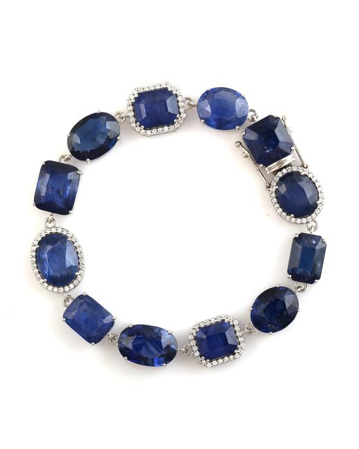 Artisan 18k White Gold In Natural Blue Sapphire With Pave Diamond Fixed & Flexible Bracelet