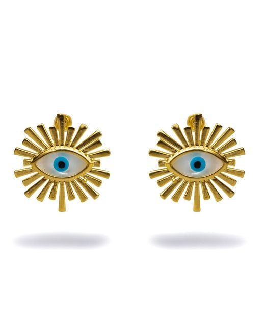 Ebru Jewelry Metallic Guardian Aura Chunky & Pearl Evil Eye Stud Earrings