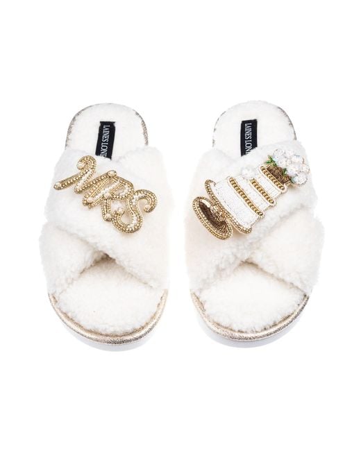 Laines London Metallic Neutrals Laines Neutral Boucle Slippers With Wedding Cake & Mrs Brooches