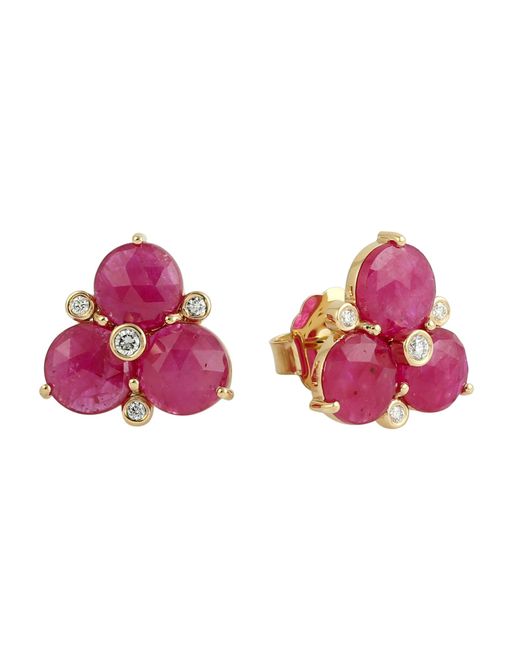 Artisan Pink 18k Yellow Gold With Red Ruby & Bezel Set Diamond Trio 3 Stone Stud Earrings