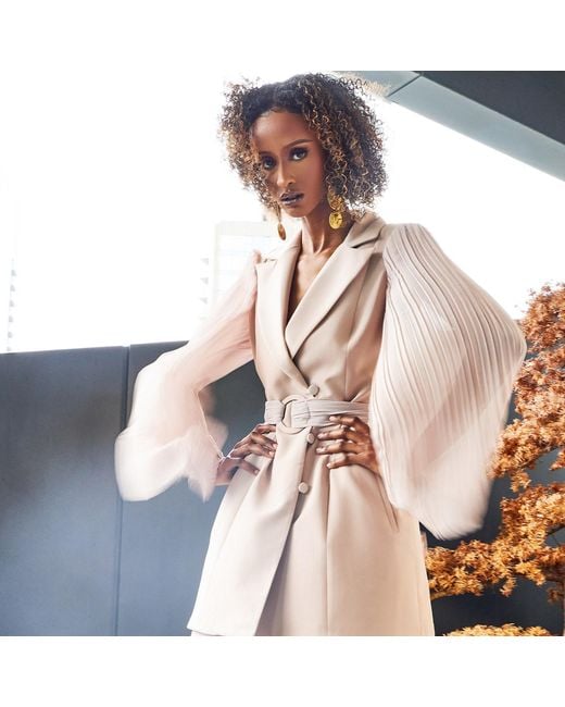 NALÈ Pink Pleated Sleeves Blazer With Detachable Belt & Palazzo Wide Leg Trouser Suit