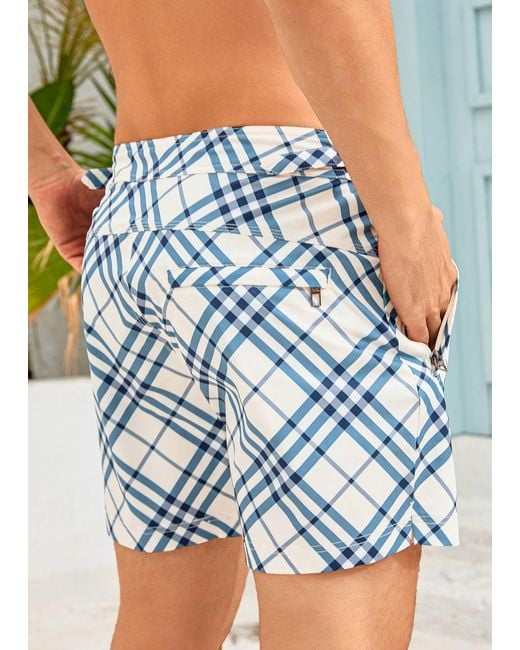Vayla Blue Long Length Checkered Swim Shorts for men