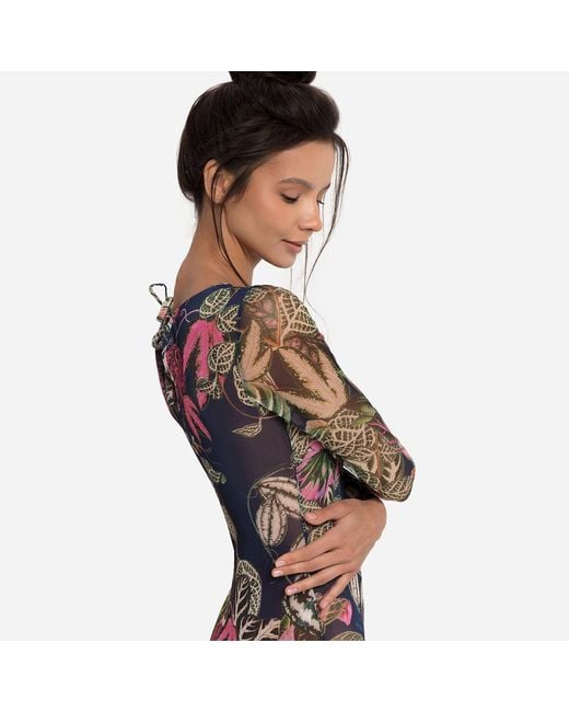 Rodasoleil Smart Swimwear Blue Tan-Through Mesh One-Piece Swimsuit With Sleeves Botanicum