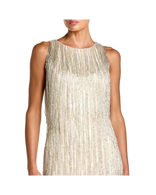 Mac Duggal Natural Neutrals Beaded Fringe Sleeveless Mini Dress