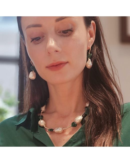 Farra Green Natural Baroque Pearls With Heart Malachite Earrings