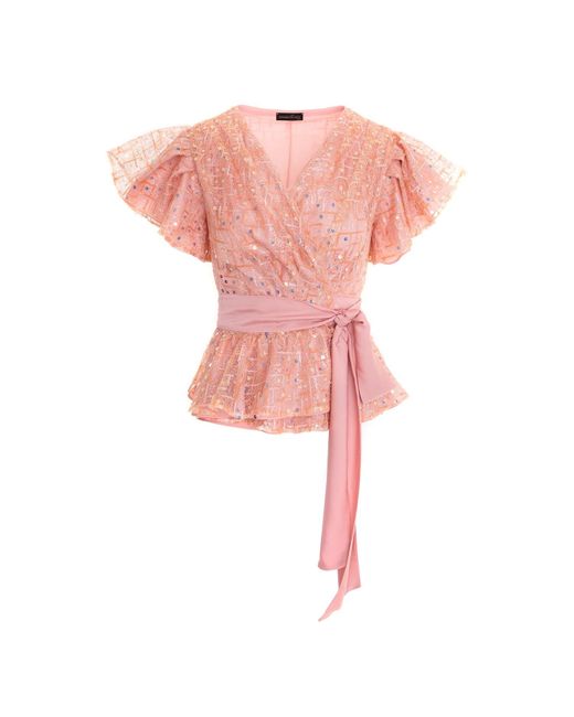 concept A trois Pink Powder Sequin Top With Wing Sleeves