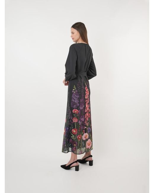 John Abgin Black Chiffon Floral Placement Print Maxi Dress